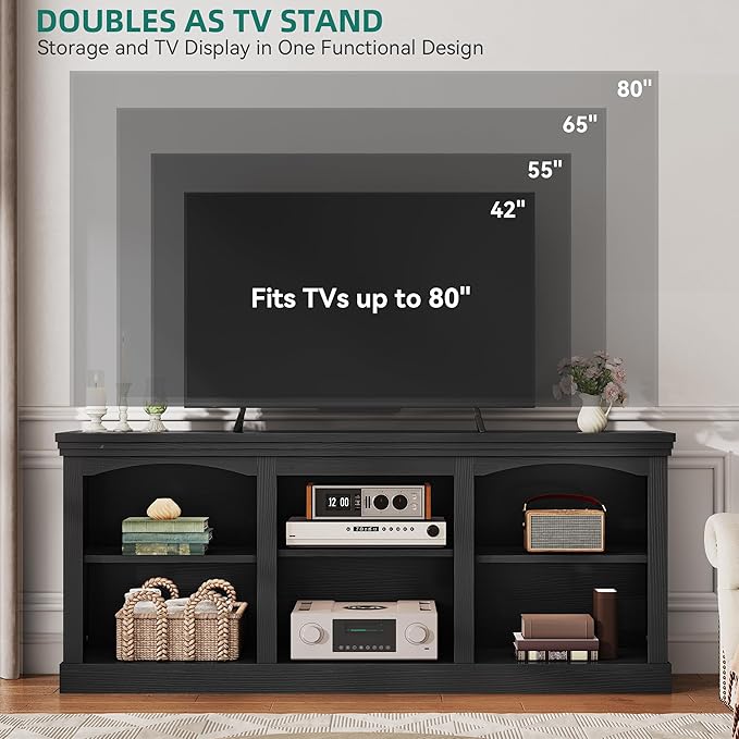 YITAHOME Farmhouse TV Stand with Cord Management for 75/80 Inch TV, Entertainment Center with Adjustable Shelf & Open Storage, 70" TV Console Table for Living Room (Black)