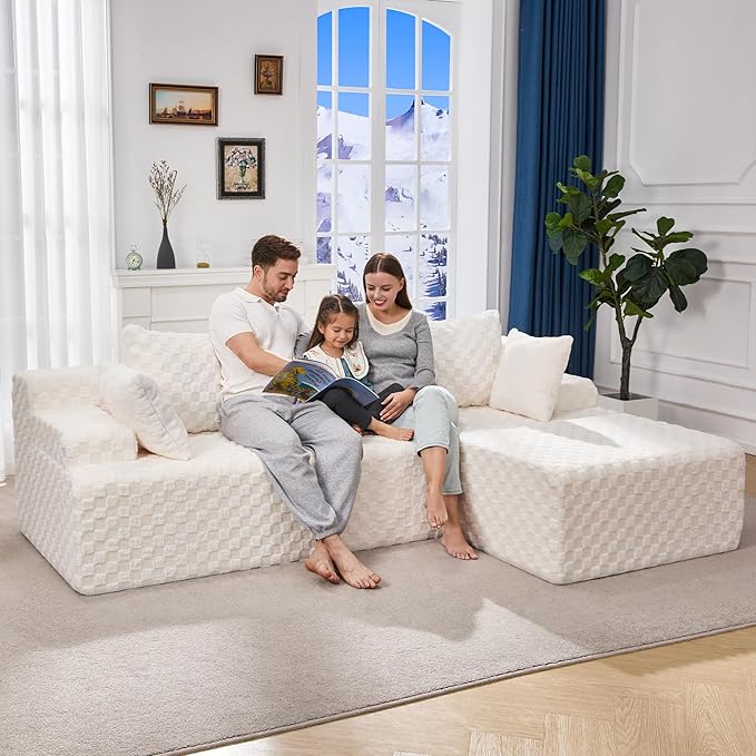 Modular Sectional Sofa Couches L-Shape Couch 3 Seat Modular Sofa Memory Foam Sectional Couches for Living Room, Cloud Couch with Oversized Chaise (White Check, 96" Right Facing Chaise)
