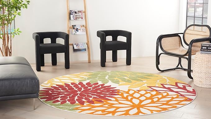 Nourison Home Aloha Indoor/Outdoor Red Multi Colored 5'3" x Round Area Rug, Tropical, Botanical, Easy Cleaning, Non Shedding, Bed Room, Living Room, Dining Room, Deck, Backyard, Patio (5 Round)