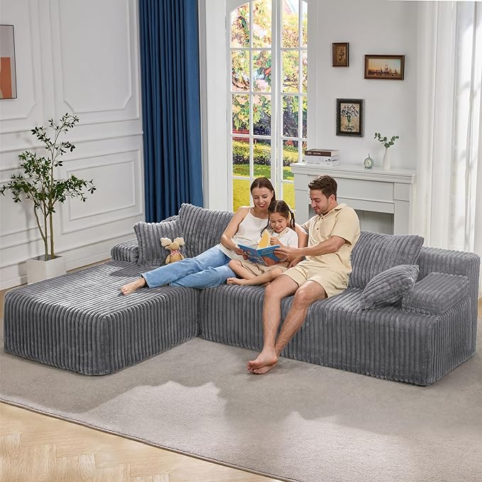 Modular Sectional Sofa Couches L-Shape Couch 3 Seat Modular Sofa Memory Foam Sectional Couches for Living Room, Cloud Couch with Oversized Chaise (Light Grey Stripe, 108" Left Facing Chaise)