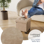 Storage Ottoman Cube with Small Bin, 15-in Square Ottoman with Storage for Living Room and Bedroom, Small Ottomans Foot Rest, Leather Foot Stools Ottomans Max 330lbs, Taupe