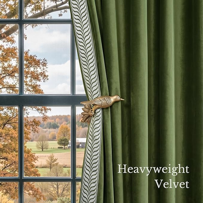 NICETOWN Rod Pocket Embroidered Trim Velvet Curtains, 2 Panels, Olive Green, 52" Wide, Thick Heavy Thermal Insulated Window Drapes 84 Inch Long for Bedroom/Living Room, Elegant Home Decor