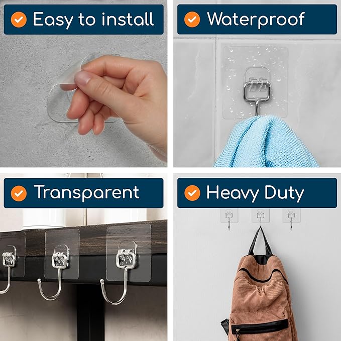 GLUIT Adhesive Large Wall Hooks for Hanging Heavy Duty 22 lbs Hooks for Walls No Damage, Towel Sticky Clear Hooks, Waterproof, Home, Bathroom, Kitchen, Office, and Outdoor, 18 Pack