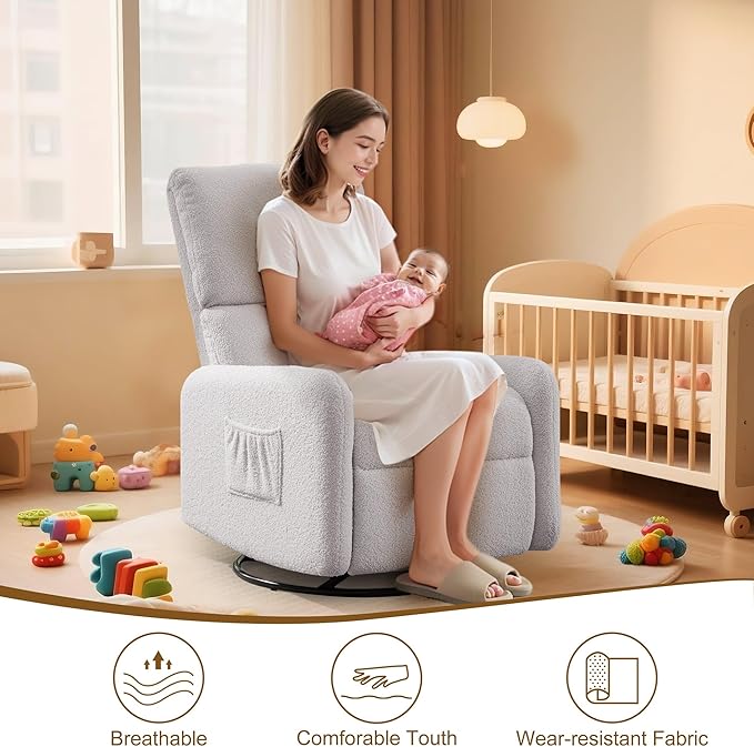 360° Rocking Chair, Nursery Rocker Chair with Side Pockets, Glider Nursing Chair with Steel Structure Base, Small Chair for Small Spaces, Sherpa Swivel Accent Chairs for Living Room, Nursing