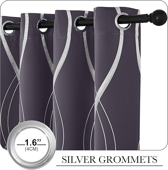 NICETOWN Blackout Curtains Panels for Living Room, Greyish Purple, 52" Wide x 84" Long, 2 Panels, Sound Reducing Thermal Insulated Wave Line Foil Print Design Curtains for Patio Sliding Glass Door