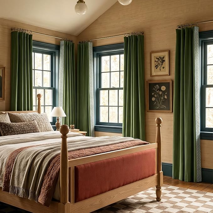 NICETOWN Rod Pocket Embroidered Trim Velvet Curtains, 2 Panels, Olive Green, 52" Wide, Thick Heavy Thermal Insulated Window Drapes 84 Inch Long for Bedroom/Living Room, Elegant Home Decor
