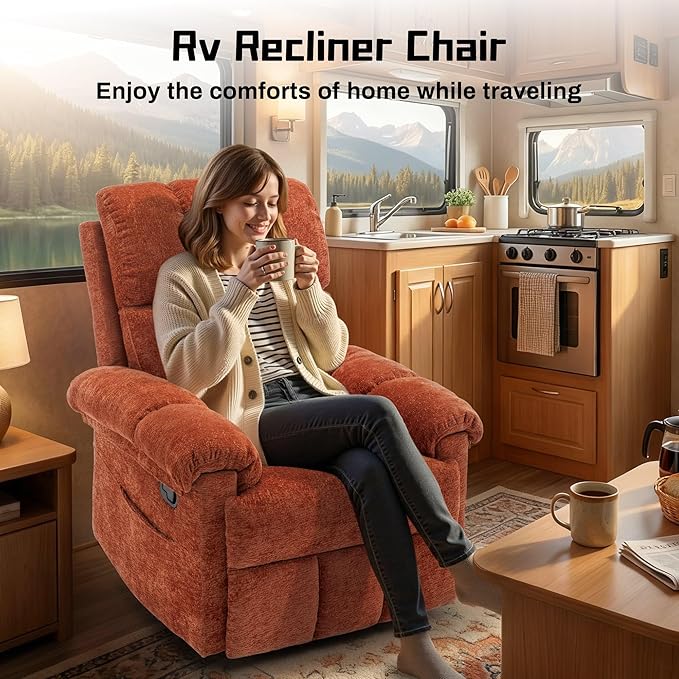 Recliner Chair, Swivel Rocker Recliner Chair for Adults, Small Recliners for Small Spaces, Manual Recliner with Side Pockets, Upholstered Nursery Rocking Chair for Living Room, Chenille, Orange