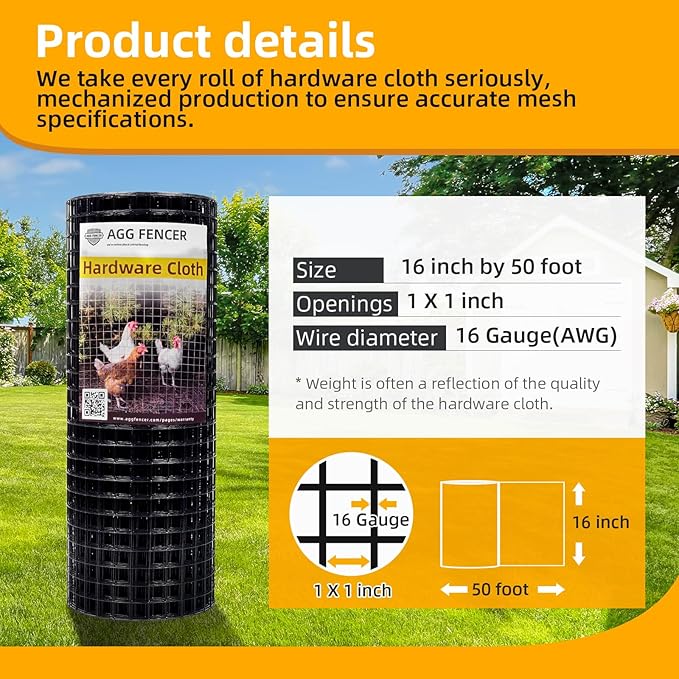 16in x 50ft Black Hardware Cloth 1 inch 16Ga PVC Coated Wire Mesh Vinyl Coated Fence, Welded Metal Chicken Wire Fencing Roll, Garden Plant Fencing, for Chicken Coop and Home Improvement