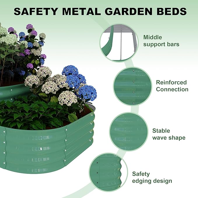 Galvanized Raised Garden Bed Kit – 61x42x31 in Oval Outdoor Planter Box for Vegetables, Herbs & Flowers, Modular 3 in-1 Design, Open Base, Ground-Connected Raised Beds for Gardening, Green