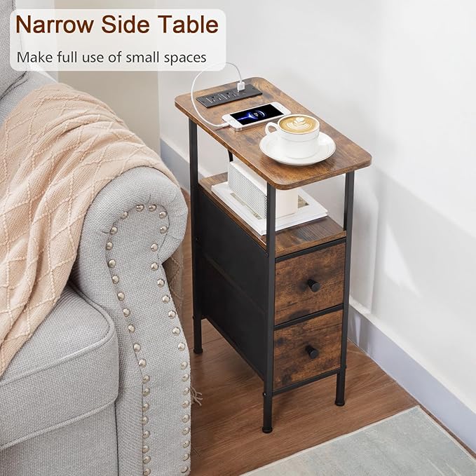 Narrow Nightstand with Charging Station, End Tables Living Room Set of 2, Skinny Side Table with Fabric Drawers, Slim Sofa Table for Bedroom, Small Spaces, Couch, Brown, HETNDP02BR