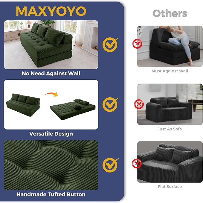 MAXYOYO Folding Sofa Couch, Convertible Floor Sleeper Couch with 2 Pillows, Tufted Floor Oversized Loveseat Couch Tufted Fold Out Chair Bed Comfy Sofa Lounge for Living Room Bedroom, Dark Green