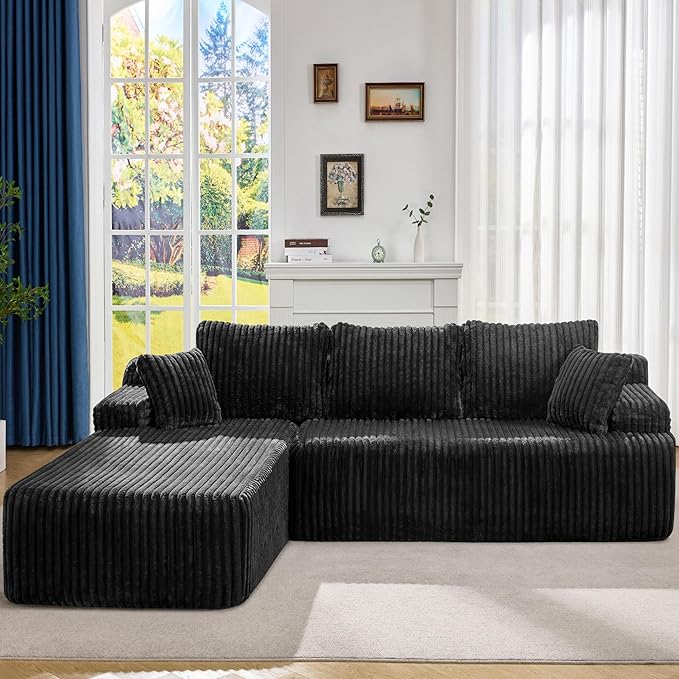 Modular Sectional Sofa Couches L-Shape Couch 3 Seat Modular Sofa Memory Foam Sectional Couches for Living Room, Cloud Couch with Oversized Chaise (Black Stripe, 108" Left Facing Chaise)