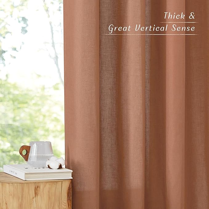NICETOWN Caramel Short Linen Curtains for Kitchen, Thick Flax Small Window Treatments Semi Sheer Privacy Assured with Light Through for Cafe/Bathroom, W42 x L63, 2 Panels