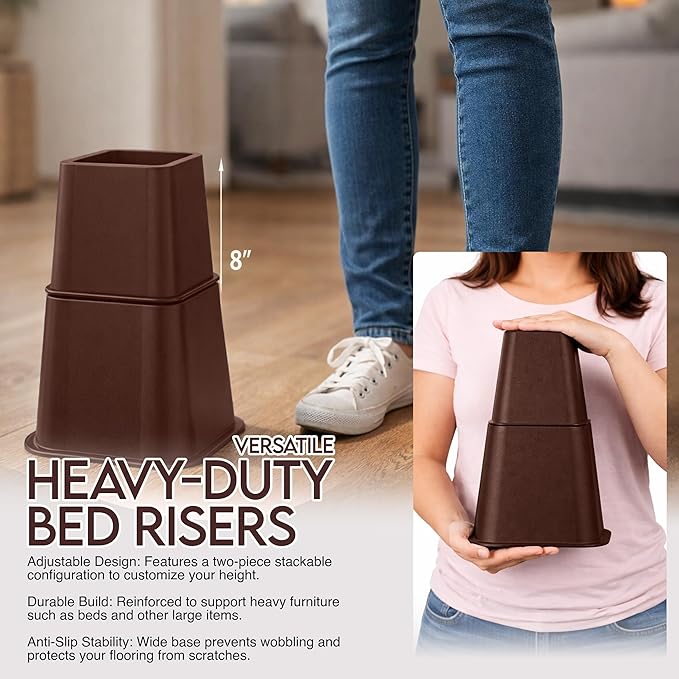 Utopia Bedding Bed Riser, 3 & 5 Inches Adjustable Furniture Risers for 8 Inch Combined Furniture Lift, Under Bed Storage & Dorm Room Essential, Supports Up to 1,300 lbs (4 Set, Reddish Brown)