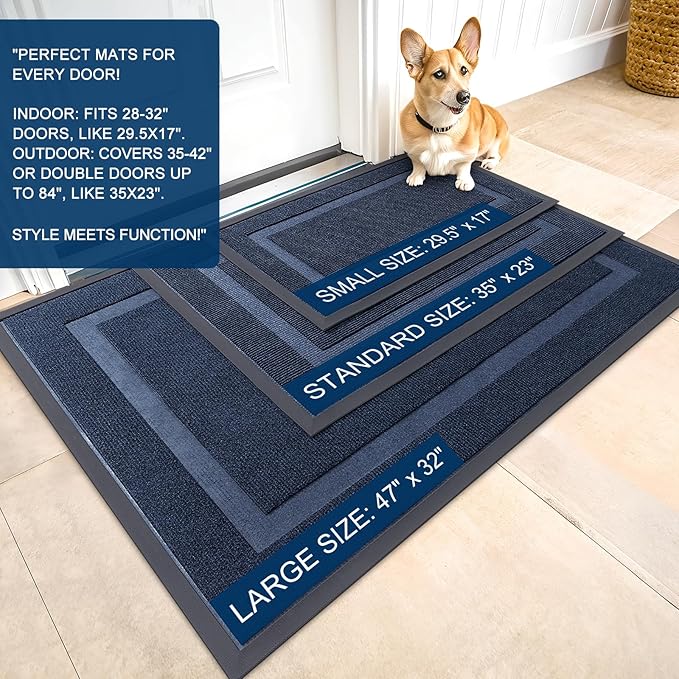 OLANLY Front Door Mat Indoor Outdoor Entrance, Waterproof All-Season, All-Weather Doormat, Sturdy Natural Rubber, Fade Resistant, Low Profile, Easy Clean Patio Porch Entryway Mat, 23.5x15.5, Blue