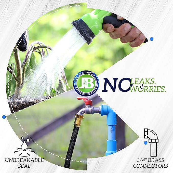J&B XpandaHose 150ft Expandable Garden Hose – Ultra-Strong 3750D, 4-Layer Latex Core, Brass 3/4" Connectors, 10-Pattern Nozzle & Storage Bag – Lightweight, Kink-Reducing, Leak-Resistant