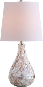 JONATHAN Y 20.5" Seashell Coastal Mini LED Table Lamp for Living Room Office, White Linen Drum Shade, Modern Mother of Pearl Bedside Nightstand Lamp, LED Bulb Included JYL1024A