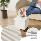 Storage Ottoman Cube with Small Bin, 15-in Square Ottoman with Storage for Living Room and Bedroom, Small Ottomans Foot Rest, Velvet Foot Stools Ottomans Max 330lbs, Cream