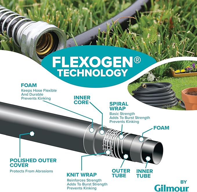 Gilmour Pro 5/8" x 100' Heavy Duty Flexogen Water Hose, Flexible Garden Hose for Vegetable Gardens, Flower Beds, and Lawn Sprinklers, Black