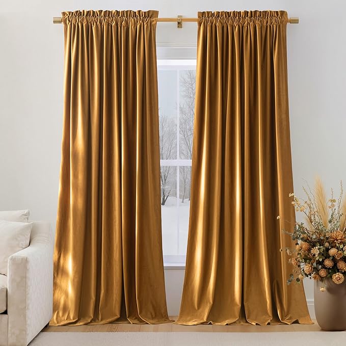 NICETOWN 96 inch Warm Velvet Blackout Curtains for Stage and Living Room, Mustard Yellow - Rod Pocket Floor to Ceiling Drapes Elegant Holiday Window Treatments (2 Pieces, 52" Wide)