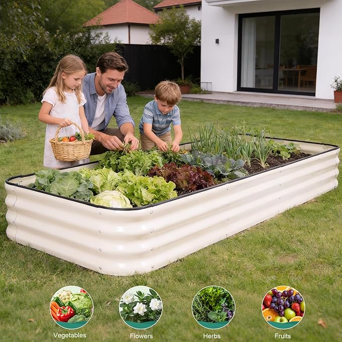 5 in 1Galvanized Raised Garden Bed - 8x3x1ft Modular Garden Planter Bed Outdoor | Steel Raised Bed Kit with Bracing Rods, Gloves for Gardening Vegetables Fruits and Flowers (White)