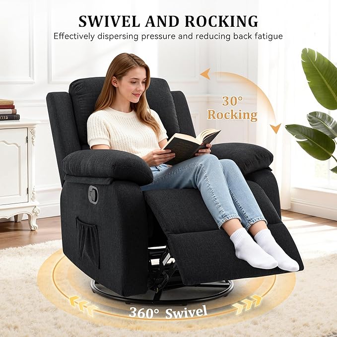 Recliner Chair, 360 Swivel Rocker Chair for Adults, Small Rocking Recliner for Small Spaces, Upholstered Fabric Glider Recliner Nursery