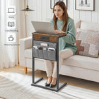 HOOBRO C Shaped End Table with Charging Station, 28" H Couch Side Table Slide Under, Sofa Arm Tray Table with Storage Bag for Living Room, Recliner, Rustic Brown BF70USF01