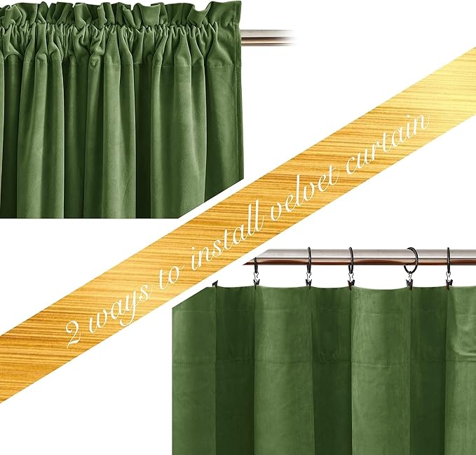 NICETOWN Moss Green Velvet Curtains and Drapes, Thermal Insulated Soft Window Treatments for Bedroom Living Room, Room Darkening Drapes, 52" x 84", 2 Panels