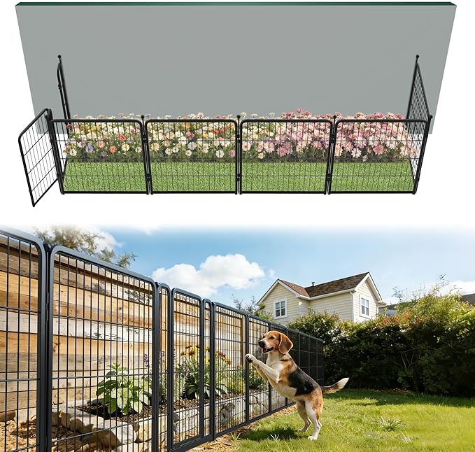 FXW Garden Fence Outdoor for The Yard – 32in(H) x 13.3ft(L) Heavy Duty Metal Animal Barrier for Dog and Rabbit, Decorative Dog Fence, 6 Panels, Black