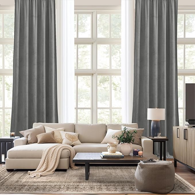 NICETOWN Super Soft Velvet Curtains 84 inches, Sound Reducing Cold Heat Insulated Heavy Matt Room Darkening Panels for Living Room (Light Grey, 2 Panels)