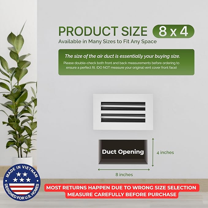 Modern Air Vent Cover 8x4 (Duct Opening) - Decorative White Aluminum Linear Slot Diffuser for Wall, Ceiling, Floor Register - Quiet Operation HVAC Grille for Home with Adjustable Airflow