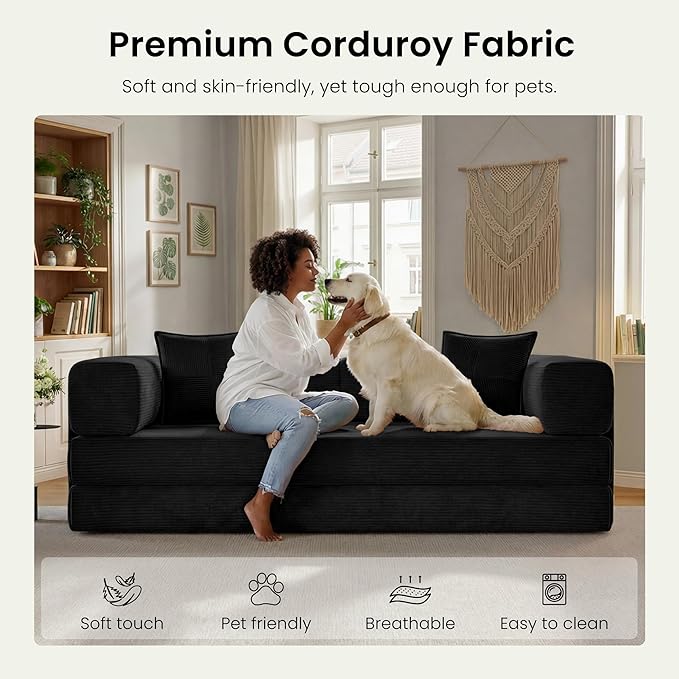 78.8" Convertible Sofa Bed,Corduroy Futon Couch with Storage Pocket,Folding Pull Out Futon Sofa, No Assembly Boneless Couch for Living Room,Black