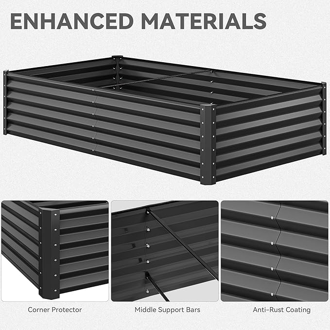 YITAHOME 96x48x18 in Galvanized Raised Garden Bed Kit, Large Metal Planter Box with Gloves, Safety Rubber & Support Rod, Outdoor Flower Bed for Plants Vegetables, Black