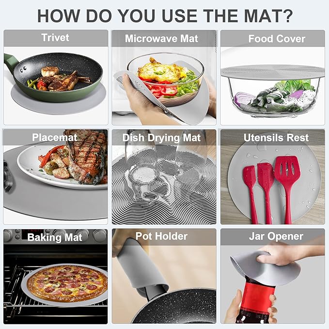 Microwave Food Cover with Mat 12 Inch, Mat as Bowl Holder, Cover for Splatter Guard, Collapsible Lid for Plate Dish, Multi-Purpose Silicone Mat & Kitchen Colander Gadget for Meal Prep,Charcoal