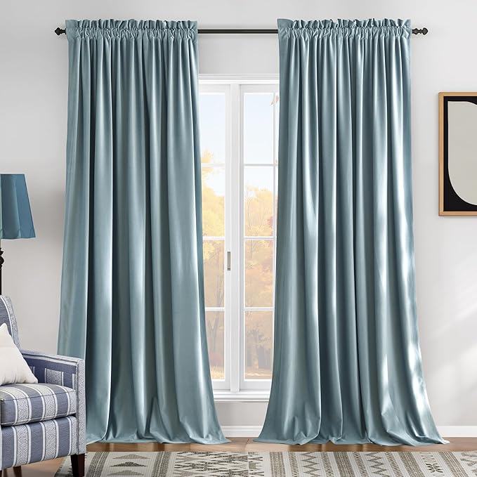 NICETOWN Stone Blue Velvet Curtains 108 inches Long - Room Darkening Thermal Insulated Sound Reducing Heavy Matt Heat & Chill Resistant Drapes for Home Decoration (52x108, 2 Panel Per Pack)