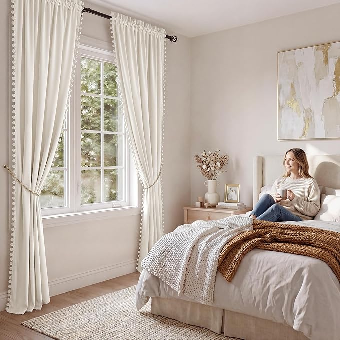 NICETOWN Ivory White Velvet Curtains 84" Long with Cute Pom-Pom Trim for Girls Bedroom & Playroom– Room Darkening Drapes Cheerful Home Decor, 52" W x 84" L, 2 Panels