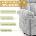 Recliner Chair, Swivel Rocker Recliner Chair for Adults, Small Recliners for Small Spaces, Manual Recliner Chair with Side Pockets, Nursery Rocking Chair for Living Room, Chenille, Silver Grey