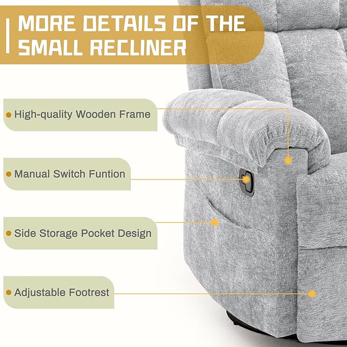 Recliner Chair, Swivel Rocker Recliner Chair for Adults, Small Recliners for Small Spaces, Manual Recliner Chair with Side Pockets, Nursery Rocking Chair for Living Room, Chenille, Silver Grey