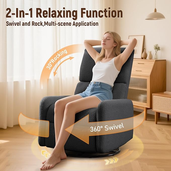 360° Rocking Chair, Nursery Rocker Chair with Side Pockets, Glider Nursing Chair with Steel Structure Base, Small Chair for Small Spaces, Sherpa Swivel Accent Chairs for Living Room, Nursing