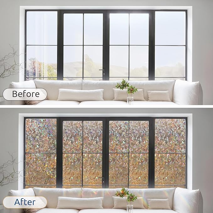 rabbitgoo Window Privacy Film Rainbow Film Decorative Window Sticker, 3D Static Stained Glass Cling Tint for Home Heat Control Non-Adhesive, Brown, 35.4 x 78.7 inches