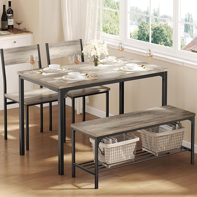 DUMOS Dining Table, Dining Table Set for 4 with Bench, Easy to Assemble Kitchen Table, Space-Saving Ideal 4-Person Set for Dining Room Kitchen Apartment Corner Grey 4 Pack