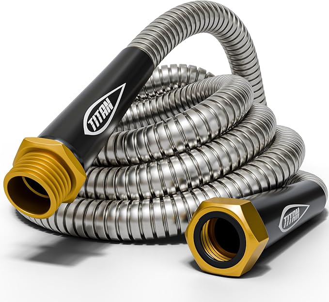 TITAN Garden Hose 150FT - 304 Stainless Steel Metal Water Hose, Flexible, Kink-Free, Lightweight, Durable Crush Resistant Fittings, Easy to Coil, 500 PSI
