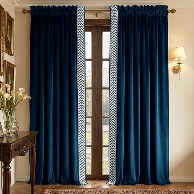 NICETOWN Rod Pocket Embroidered Trim Velvet Curtains, 2 Panels, Navy Blue, Velvet Curtains 96 inches Long, Soft and Elegant Heavy Matt Solid Thermal Insulation Drapes for Bedroom, Living Room