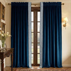 NICETOWN Rod Pocket Embroidered Trim Velvet Curtains, 2 Panels, Navy Blue, Velvet Curtains 96 inches Long, Soft and Elegant Heavy Matt Solid Thermal Insulation Drapes for Bedroom, Living Room