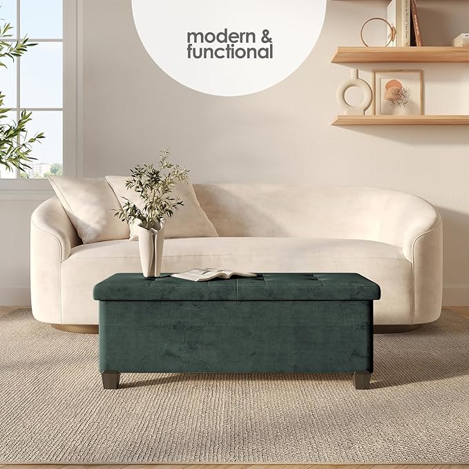 Storage Ottoman Bench with Bins, 43-in Storage Bench for Bedroom End of Bed, Folding Foot Rest Ottoman for Living Room Max 660lbs, Velvet Ottomans, Green
