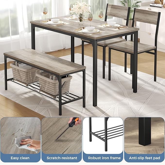 DUMOS Dining Table, Dining Table Set for 4 with Bench, Easy to Assemble Kitchen Table, Space-Saving Ideal 4-Person Set for Dining Room Kitchen Apartment Corner Grey 4 Pack