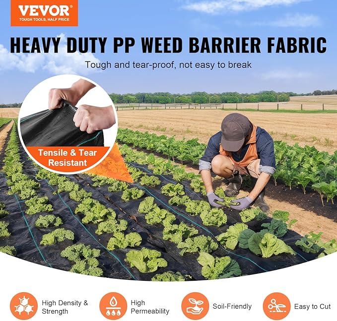 VEVOR 3FTx250FT Premium Heavy Duty Weed Barrier Landscape Fabric, 5OZ Woven Geotextile Fabric Under Gravel, High Permeability for Weed Blocker Weed Mat, Driveway Fabric, Weed Control Garden Cloth