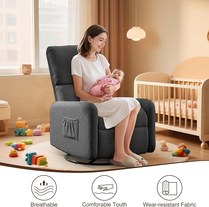 360° Rocking Chair, Nursery Rocker Chair with Side Pockets, Glider Nursing Chair with Steel Structure Base, Small Chair for Small Spaces, Sherpa Swivel Accent Chairs for Living Room, Nursing