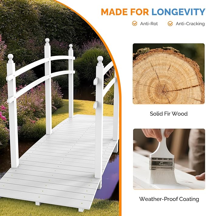 VINGLI Garden Bridge, Classic Wooden Bridge with Safety Rails, Decorative Arhced Footbridge for Patio Pond, Creek, Pathway (White, 7.5 ft)