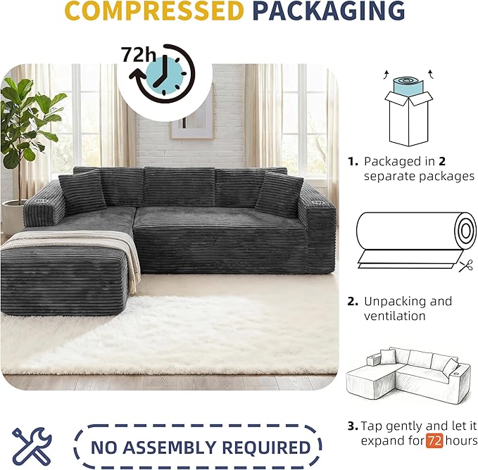 Shintenchi Boneless Couches for Living Room,Modular Sectional Sofa with 2 Cup Holders,Memory Foam Cloud Couch with L Shaped Oversized Chaise,No Assembly Needed Plush Corduroy Sofa,Dark Gray